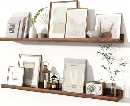 Fun Memories Picture Ledge Shelves Set of 2, 32 Inch Rustic Wall Mounted Floating Shelves with Lip for Home Storage and Décor in Bathroom, Kitchen, Nursery, Bedroom, Living Room, Walnut