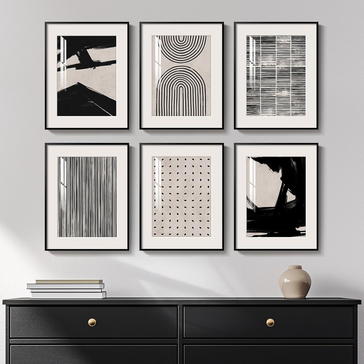 Framed Boho Black and White Brown Modern Abstract Wall Art for Living Room, Set of 6 Bohemian Wall Hanging Artwork, Minimalist Sun Geometric Pictures for Bedroom Office Bathroom Wall Decor 11x14 Inch