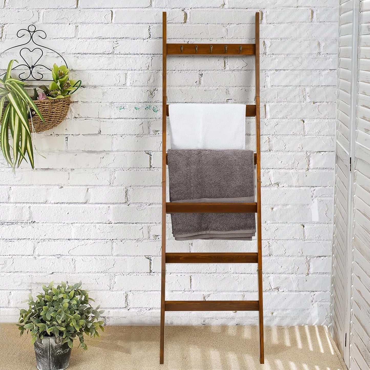 TEAKMAMA 6-Tier Blanket Ladder for Living Room and Bedroom,5.4 Ft Wall Leaning Quilt Rack with Hooks,Rustic Decorative Farmhouse Blanket Storage,Stylish Ladder Holder,Christmas Decorations,Black
