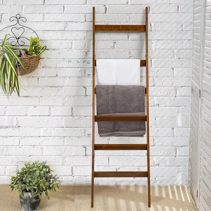 TEAKMAMA 6-Tier Blanket Ladder for Living Room and Bedroom,5.4 Ft Wall Leaning Quilt Rack with Hooks,Rustic Decorative Farmhouse Blanket Storage,Stylish Ladder Holder,Christmas Decorations,Black