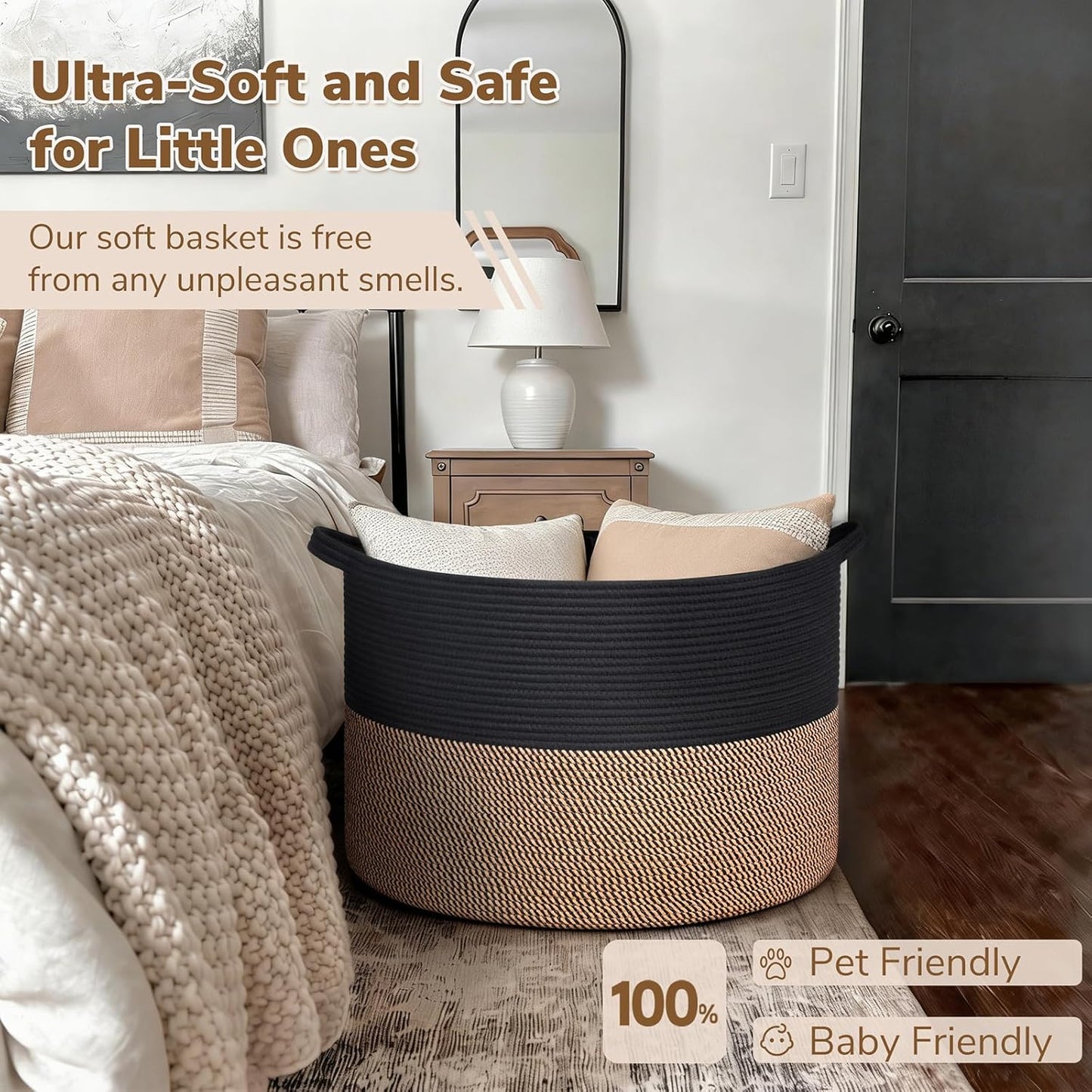 INDRESSME XXXLarge Blanket Basket for Living Room 21.7" x 21.7" x 13.8"-Storage Basket with Handle for Organizing Toy Pillows Woven Cotton Rope Laundry Basket Stuffed Animal Toy Storage for Play Room