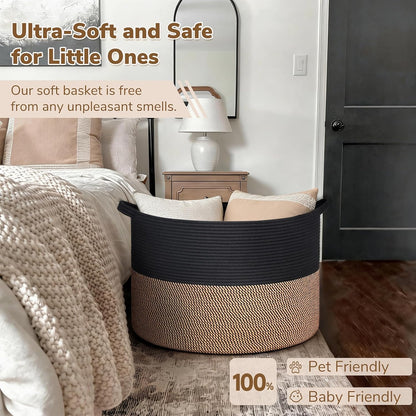 INDRESSME XXXLarge Blanket Basket for Living Room 21.7" x 21.7" x 13.8"-Storage Basket with Handle for Organizing Toy Pillows Woven Cotton Rope Laundry Basket Stuffed Animal Toy Storage for Play Room