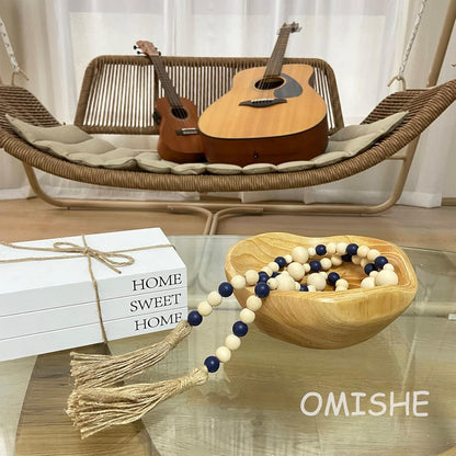 OMISHE Wood Bead Garland with Tassels 61 Inches, Boho Decorative Beads, Farmhouse Beads Garland for Home Tiered Tray Decor, Beige Gray
