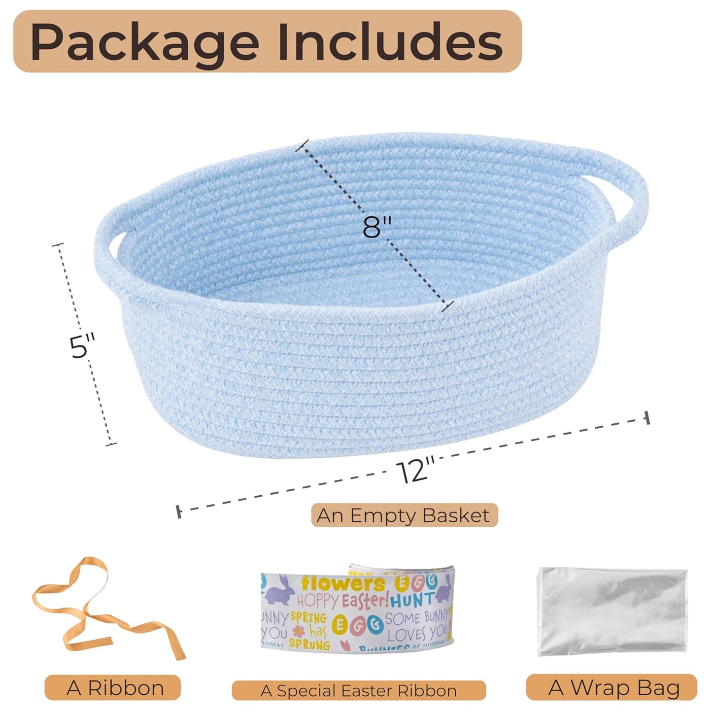 Small Woven Gift Basket Empty with Bag & Ribbon - Gifts for Mom, Baby Shower, Birthdays & Raffle - Cotton Rope Storage Basket for Dog Toys or Shelf - 12"x8"x5", White