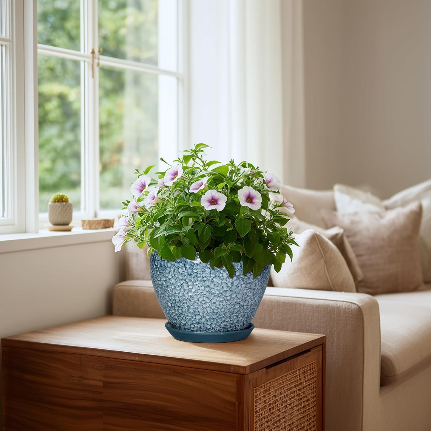 6 Inch Plant Pot - Ceramic Pots for Plants with Drainage Hole and Saucer, Round Succulent Planter Indoor Outdoor, Modern Flower Pot for Snake Plants, Home Decor, Gifts for Plant Lover, Blue