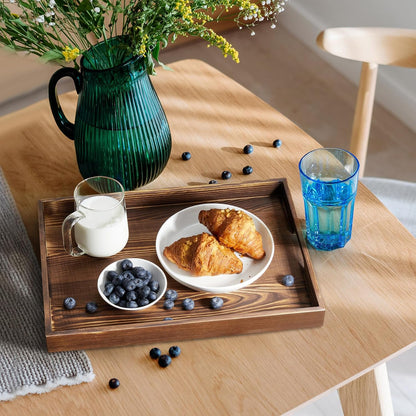 17 Inch Acacia Wood Serving Tray with Handles - Large Wooden Tray for Ottoman, Breakfast in Bed, Dinner, Coffee Table - Decorative Rectangular Tray for Living Room Bedroom Entryway and Kitchen
