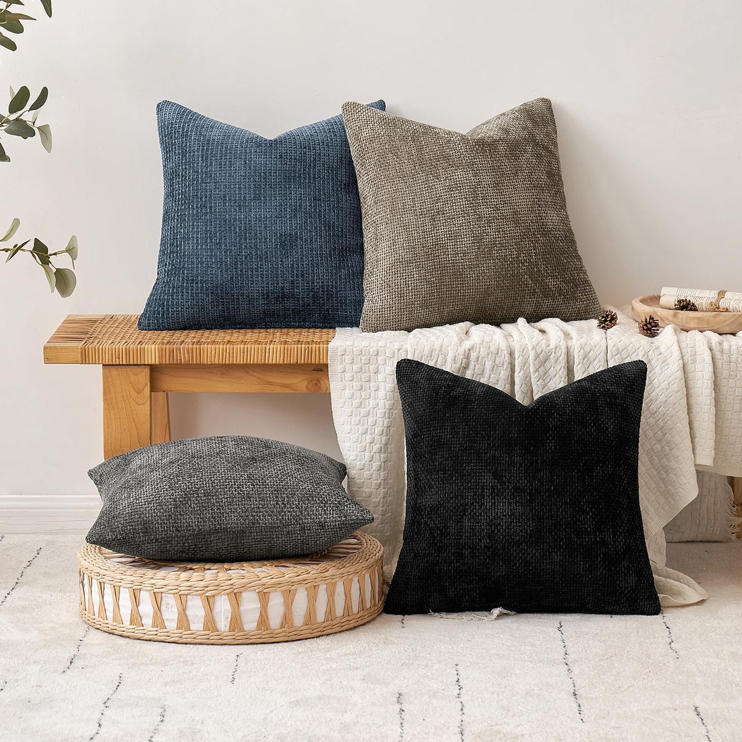 MIULEE Pack of 2 Couch Throw Pillow Covers 18x18 Inch Neutral Beige Modern Boho Accent Decorative Pillow Covers Soft Chenille Farmhouse Cushion Covers for Home Decor Bed Sofa Living Room