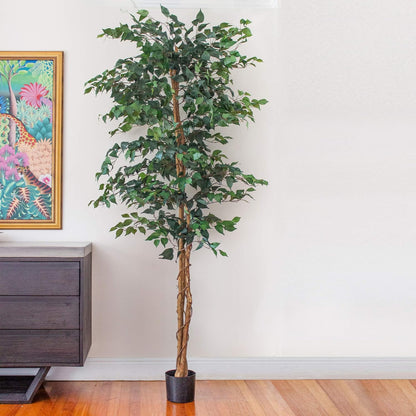 Nearly Natural 4ft Triple Trunk Ficus Silk Tree with Natural Wood Trunks and Dense Foliage, Mid-Size Faux Floor Plant for Home and Office