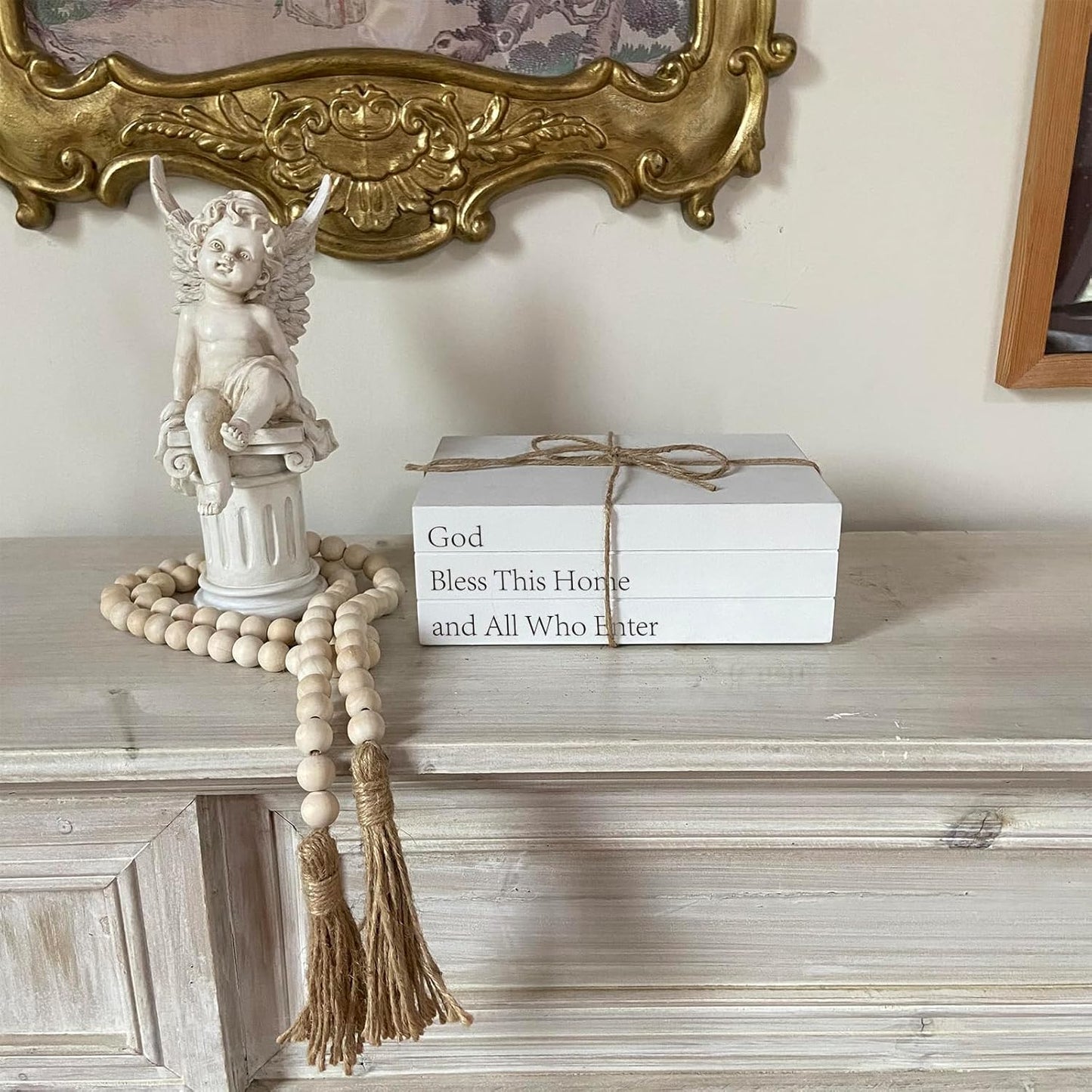 Decorative Books for Home Decor, White Faux Books for Decoration, Rustic Farmhouse Stacked Display Books with 52in Wood Bead Garland for Coffee Tables Living Room (TAKE TIME to DO)