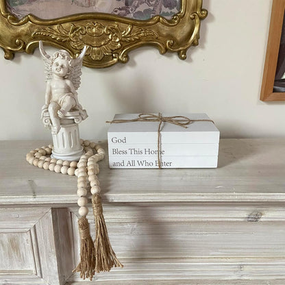 Decorative Books for Home Decor, White Faux Books for Decoration, Rustic Farmhouse Stacked Display Books with 52in Wood Bead Garland for Coffee Tables Living Room (TAKE TIME to DO)