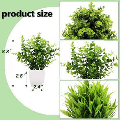 GREENTIME 4 Pack Fake Plants in Black Pot Mini Artificial Eucalyptus Potted Plant Small Faux Grass Greenery Potted for Indoor Home Office Farmhouse Bathroom Table Decoration