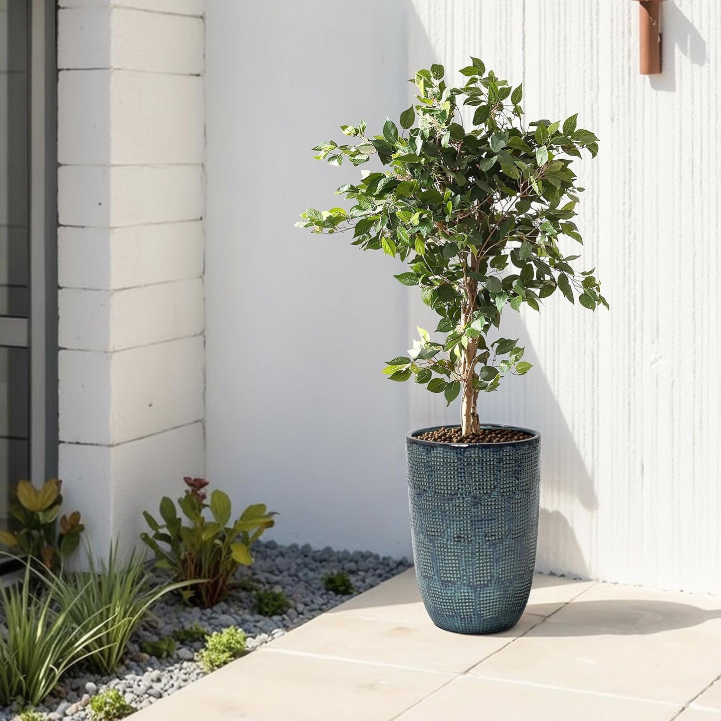 LuxenHome 15.75" Dia Large Ceramic Pots for Plants, Blue Glazed Planters for Outdoor Plants, Round Indoor Flower Pots with Drainage Hole and Rubber Plug for Home Garden Patio
