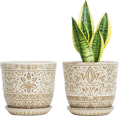 Gepege 6 Inch Beaded Ceramic Planter Set of 2 with Drainage Hole and Saucer for Plants, Indoor-Outdoor Large Round Succulent Orchid Flower Pot (Smoked Gray, Inner-pots not Larger Than 5 Inch)