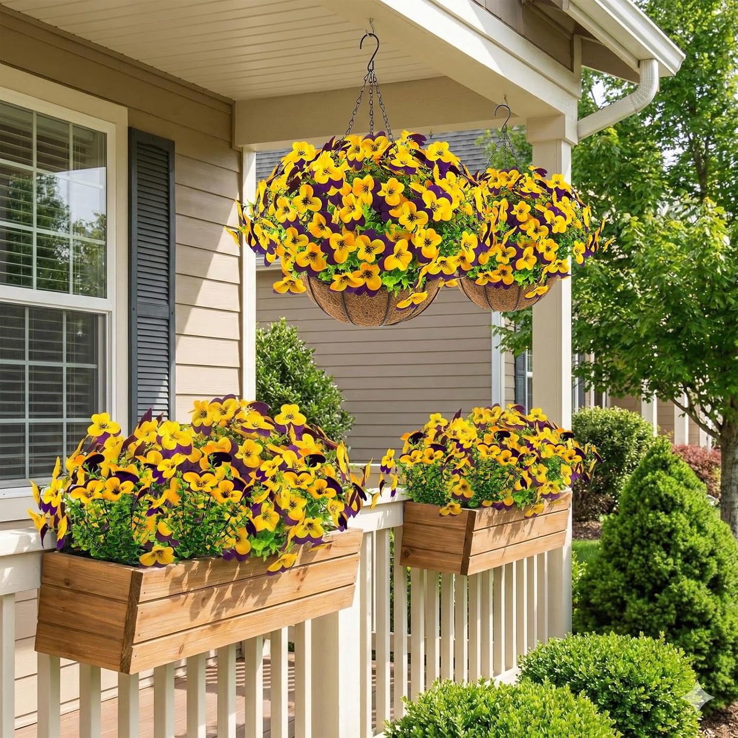 2 Set Artificial Outdoor Pansy Flowers with Hanging Baskets, 2 Hanging Baskets with 24 Pcs Silk Flowers for Spring Easter Decorations Porch Patio Home Decor (2, Purple, Yellow, White, Light Purple)