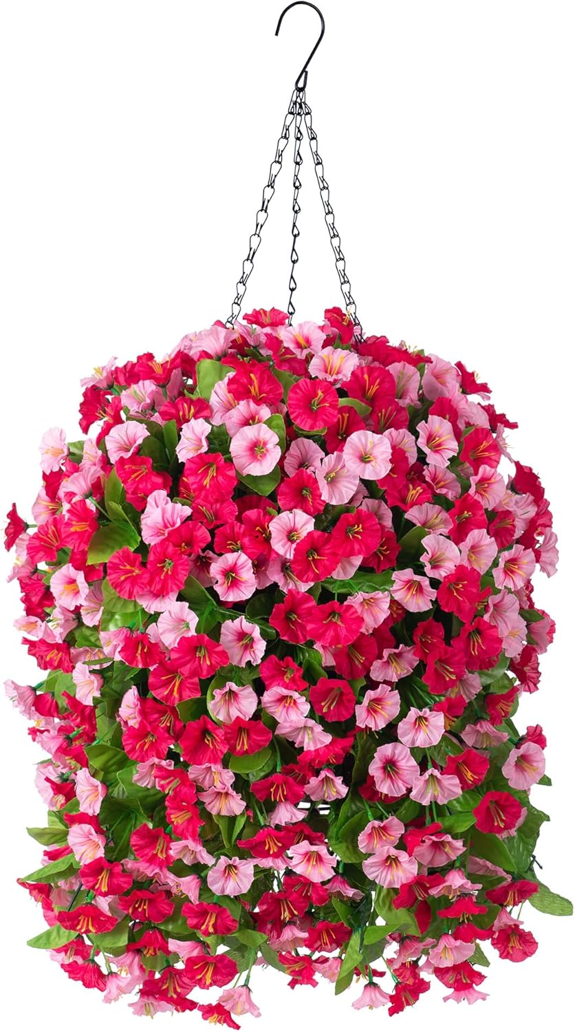 INXUGAO Artificial Flowers with Hanging Basket, Outdoor Faux Plants Silk Morning Glory Vines, Fake Green Arrangement for Garden Patio Spring Summer Decor(4pcs,Darkorchid)