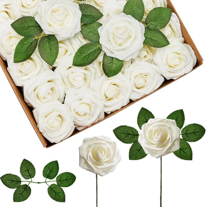 InnoGear Artificial Flowers, 50 Pcs Dark Red Foam Fake Roses Bulk with Stems for Mother's Gift Decoration Celebration DIY Wedding Bouquets Centerpieces Bridal Shower Party Christmas Tree