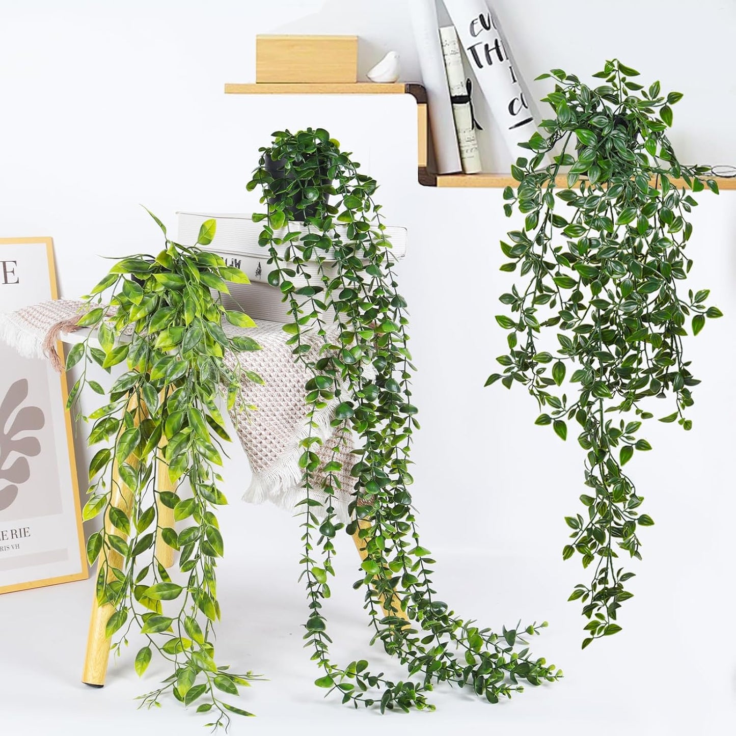RECUTMS 6pcs Artificial Succulents Hanging Plants Fake Hanging String of Pearls Plant Faux Greenery Wall Plants for Spring Indoor Outdoor Home Bedroom Patio Garden Easter Decor