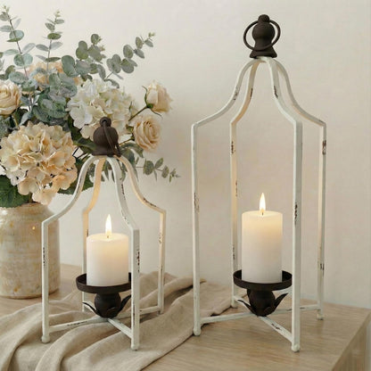 12.5" & 16.5" Timeless Cozy Decorative Lanterns Set of 2, Handcrafted Metal Iron Candle Holders, Farmhouse Elegance Fireplace Mantel Table Festive Gatherings Decor (Antique Gold)
