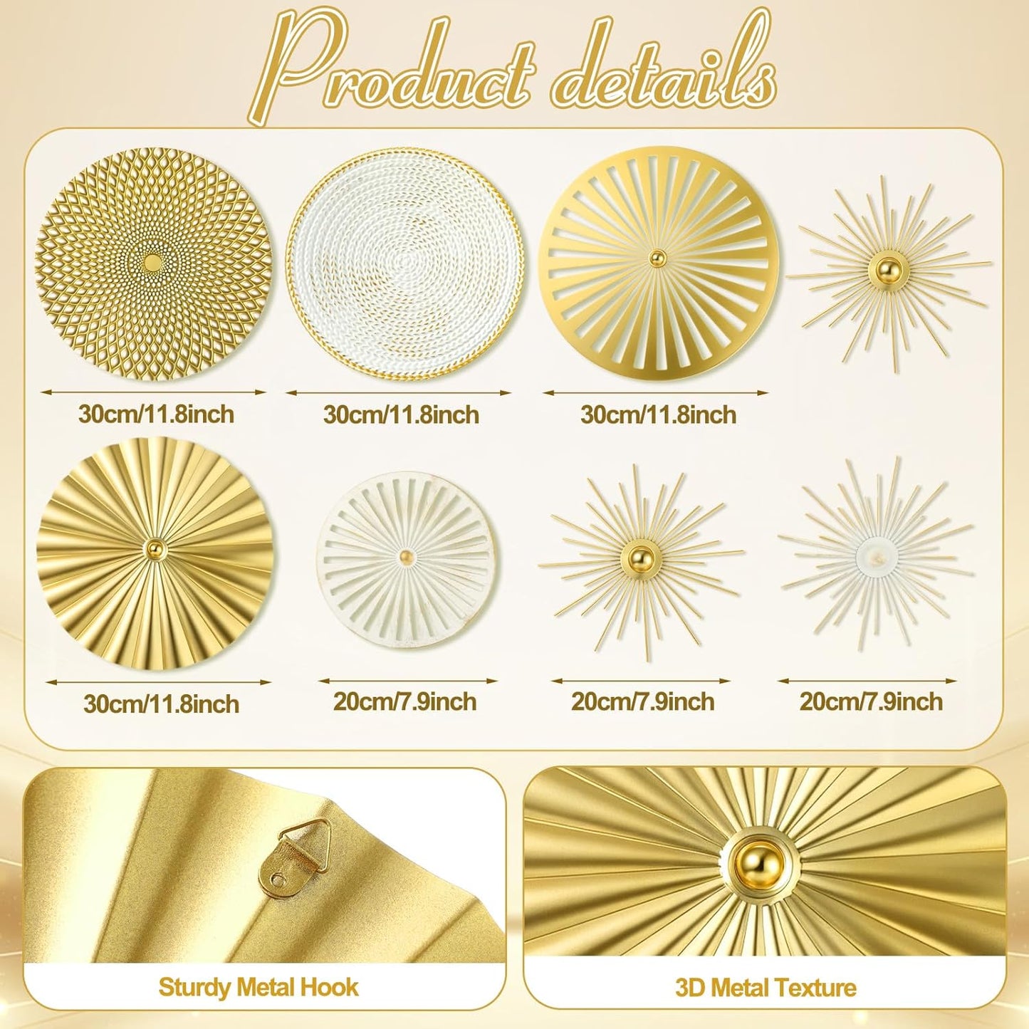 8 Pcs Gold Wall Decor Modern Metal Decor Metal Starbursts Radial Plate Art Hanging Decorative Wall Decorations for Home Bedroom Bathroom Living Room Office Sculpture(Gold)