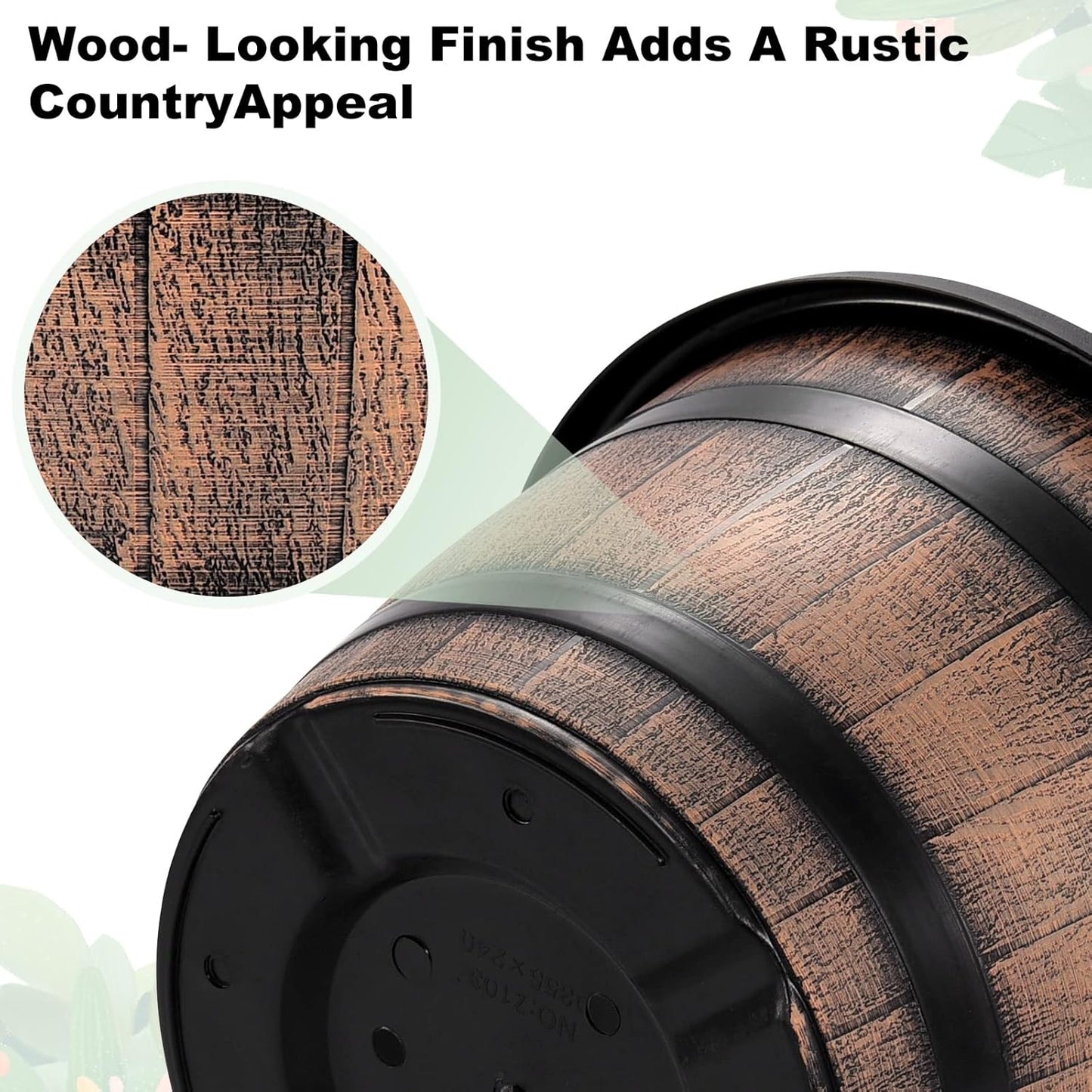 Quarut 3 Pack 10 inch Plant Pots,Whiskey Barrel Planters with Drainage Holes & Saucer, Plastic Decoration Flower Pots Imitation Wine Barrel Design, for Indoor & Outdoor Garden Home Plants (Brown)