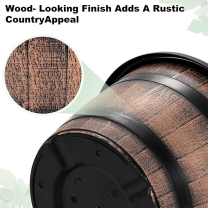 Quarut 3 Pack 10 inch Plant Pots,Whiskey Barrel Planters with Drainage Holes & Saucer, Plastic Decoration Flower Pots Imitation Wine Barrel Design, for Indoor & Outdoor Garden Home Plants (Brown)