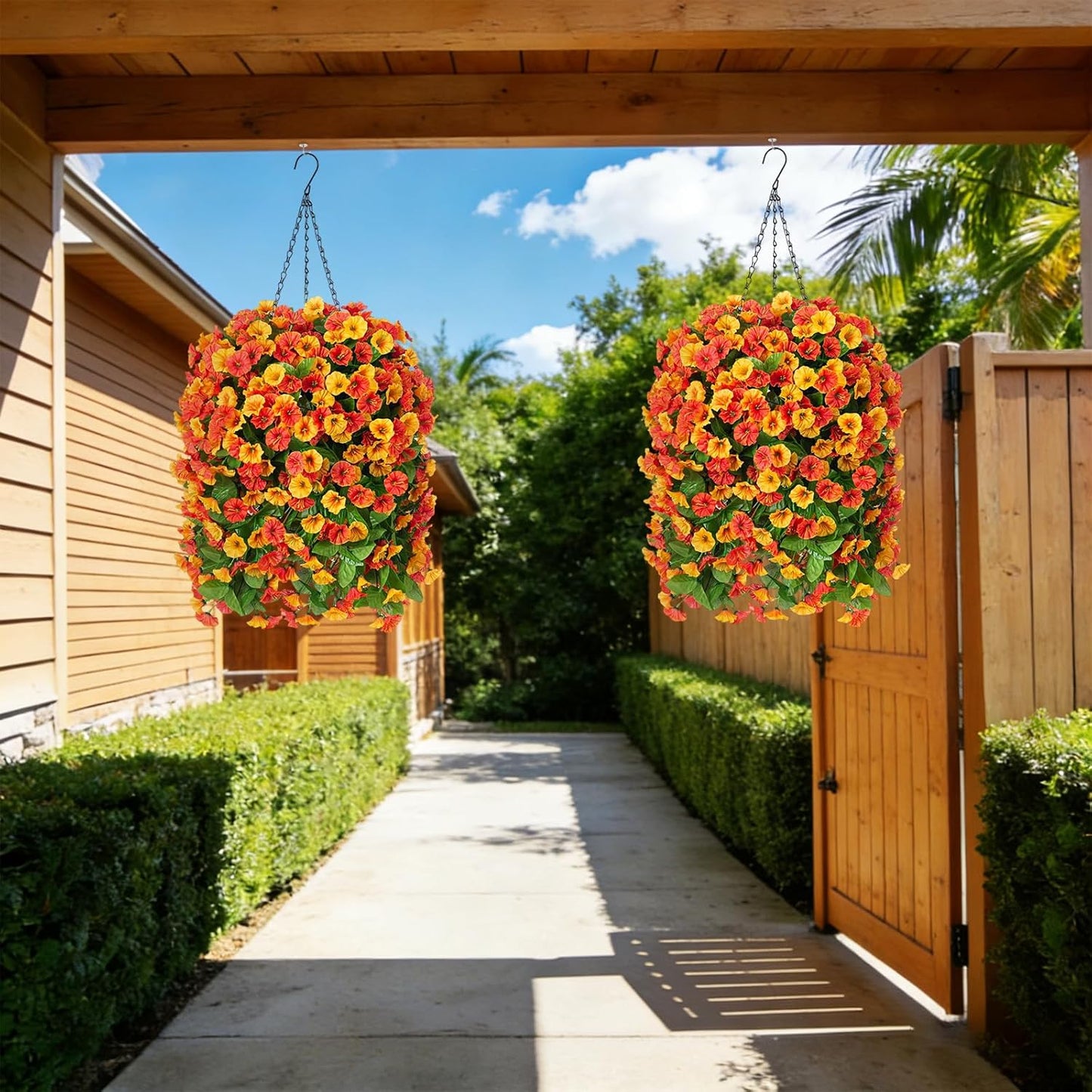 INXUGAO Artificial Flowers with Hanging Basket, Outdoor Faux Plants Silk Morning Glory Vines, Fake Green Arrangement for Garden Patio Spring Summer Decor(4pcs,Darkorchid)