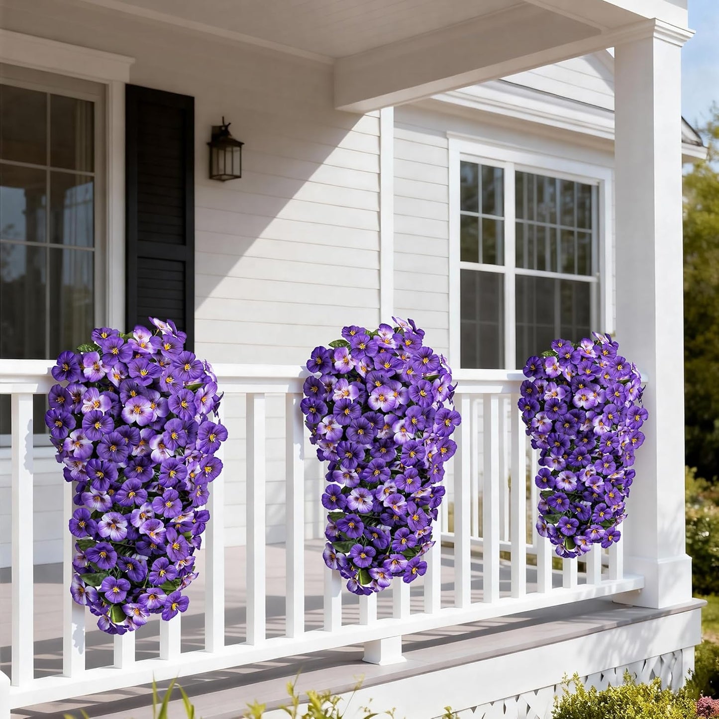 HyeFlora Artificial Flowers for Outdoors, 2pcs Faux Silk Pansies Flowers UV Resistant Fake Hanging Flower Plants for Outside Planters Porch Yard Patio Window Box (Mix Purple)