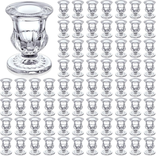 Foaincore 72 Pack Glass Candlestick Holders Bulk 2.5 Inch Taper Candle Holders Small Ritual Candle Stand Table Centerpieces for Wedding Christmas Valentine's Festival Party Dining Decorations (Clear)