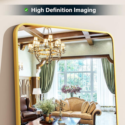 XRAMFY 56"x21" Floor Full Length Mirror Standing Full Body Rounded Corner Rectangle Mirrors with Stand Hanging Wall Mounted Leaning Bedroom Living Room Bedroom Cloakroom,Gold