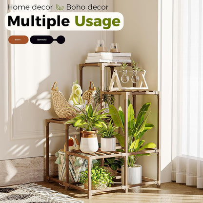 Bamworld Plant Stand Indoor with Grow Lights Wood Plant Shelf for Hanging Planter Pots Display Flower Stand for Living Room Patio Garden Decor