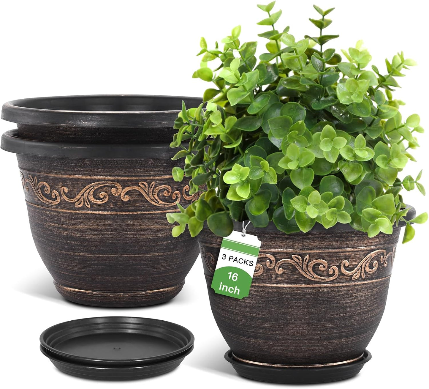 Plastic-Plant-Flower-Planters-8 Inch With Drainage Hole & Saucer, 6 Packs Lightweight Small Resin Flower Pot Indoor Outdoor, Retro Antique Imitation Decorative Garden Containers Sets For Houseplants