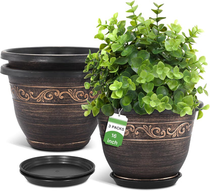 Plastic-Plant-Flower-Planters-8 Inch With Drainage Hole & Saucer, 6 Packs Lightweight Small Resin Flower Pot Indoor Outdoor, Retro Antique Imitation Decorative Garden Containers Sets For Houseplants