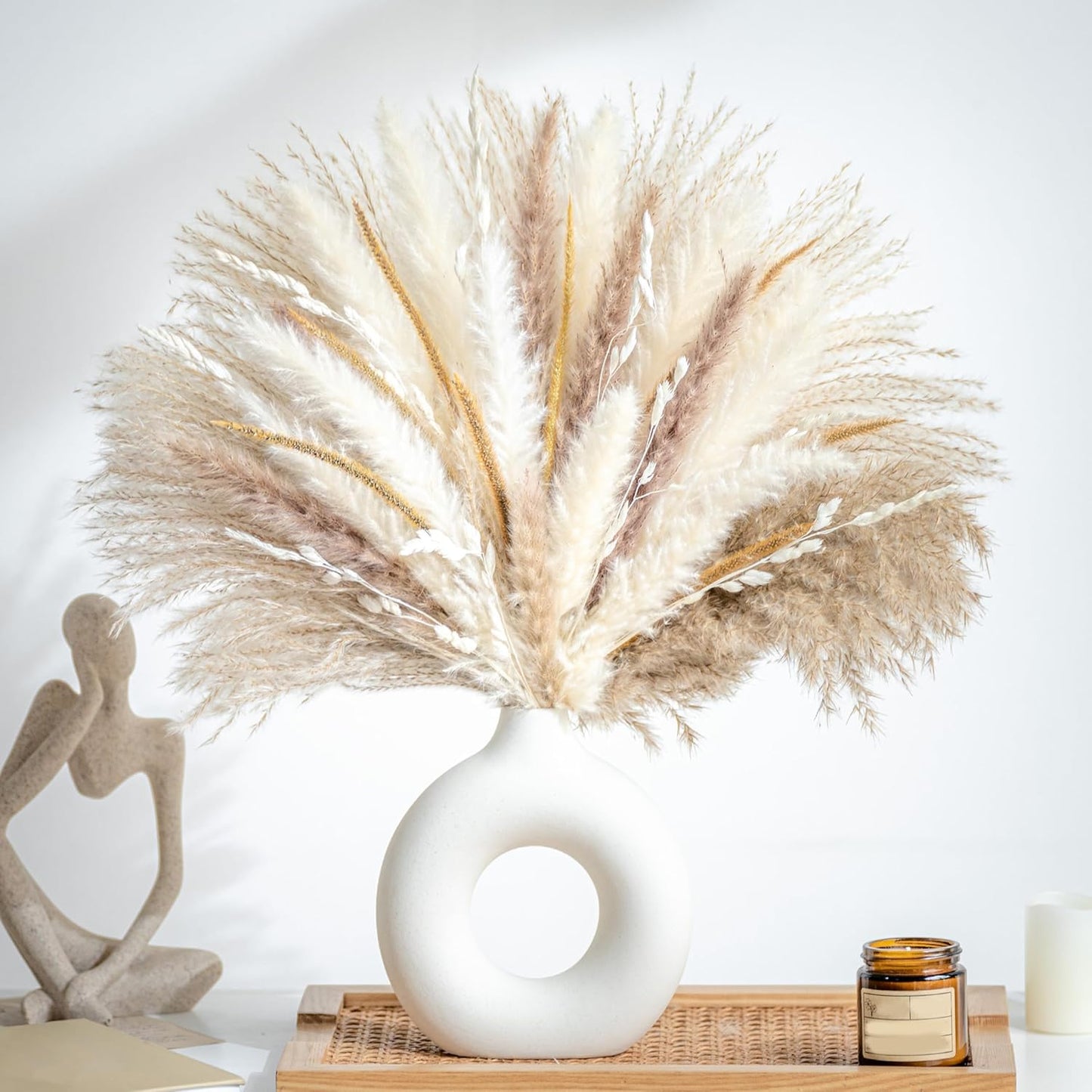 96PCS Natural Dried Pampas Grass Boho Home Decor Bouquet Phragmites Dried Flowers Bouquet for Wedding Floral Arrangements Living Room Decorations (96PCS)