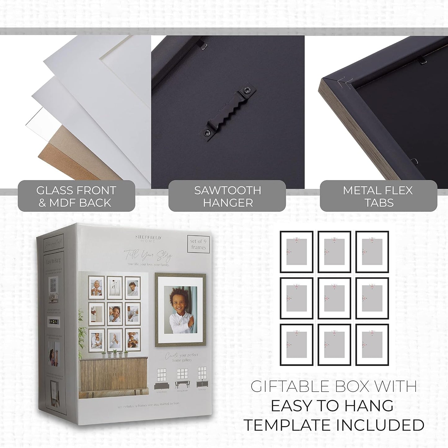 Sheffield Home 9 Piece Gallery Wall Frame Set, 11x14 in. matted to 8x10 in. (Matte Black)