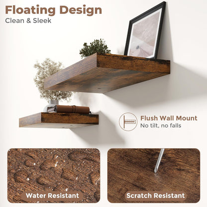 72 Inch Long Floating Shelves for Wall Set of 2, 12"D Wood Grain Bathroom Shelves with Invisible Brackets, Easy Install Engineered Wood Storage Shelves for Kitchen, Living Room, Bedroom, Black Finish