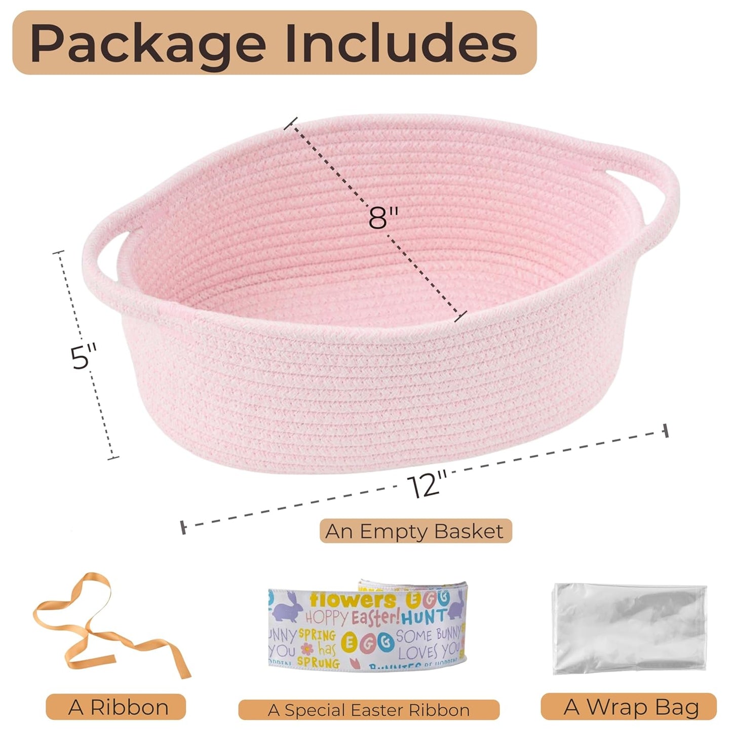 Small Woven Gift Basket Empty with Bag & Ribbon - Gifts for Mom, Baby Shower, Birthdays & Raffle - Cotton Rope Storage Basket for Dog Toys or Shelf - 12"x8"x5", White