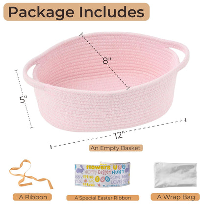 Small Woven Gift Basket Empty with Bag & Ribbon - Gifts for Mom, Baby Shower, Birthdays & Raffle - Cotton Rope Storage Basket for Dog Toys or Shelf - 12"x8"x5", White