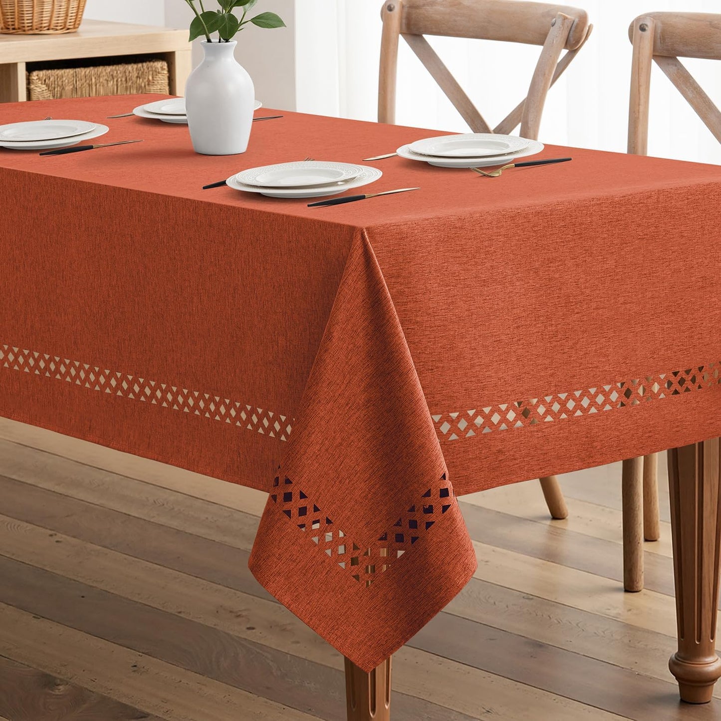 MIULEE Beige Rectangle Linen Polyester Tablecloth with Decorative Cutouts Spring Waterproof Stain Resistant & Shrink-Proof Table Cloth 52x70 inch Farmhouse Style for Dining Wedding and Outdoor
