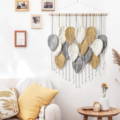 LOMOHOO Macrame Wall Hanging Boho Beige Leaves Tapestry Bohemian Handmade Woven Wall Art Decoration for Bedroom Living Room Apartment Dorm Gallery Perfect Handmade Gift Ideas