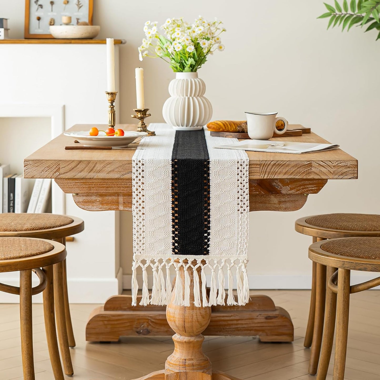 FEXIA Boho Table Runner for Thanksgiving Fall Christmas Home Decor with Tassels 72 Inches Long Pottery barn Furniture Farmhouse Rustic Macrame Burlap Table Decoration for Living Room (12x72 Inches)
