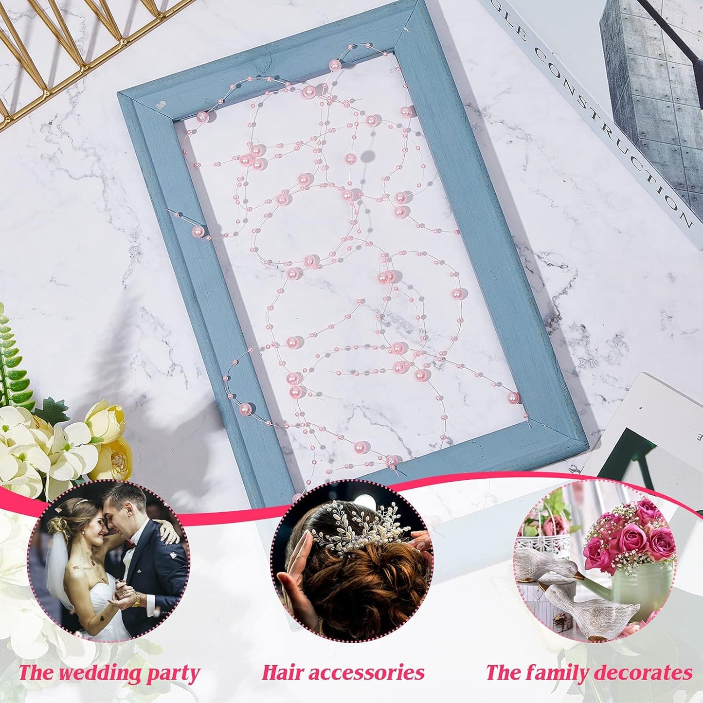 Tondiamo 24 Pcs Artificial Pearl String for Floating Candle Faux Pearls Beads String Garland Centerpiece Decoration for Vases Filler Wedding Spring Holiday Party Decor(Gold)