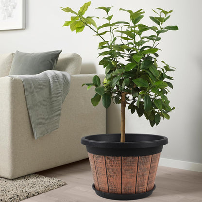 Quarut 4 Pack 10 inch Plant Pots,Upgrade Whiskey Barrel Planters with Drainage Holes & Saucer,Plastic Decoration Flower Pots Retro Design,Planters for Outdoor Indoor Garden Home Plants (Brown)