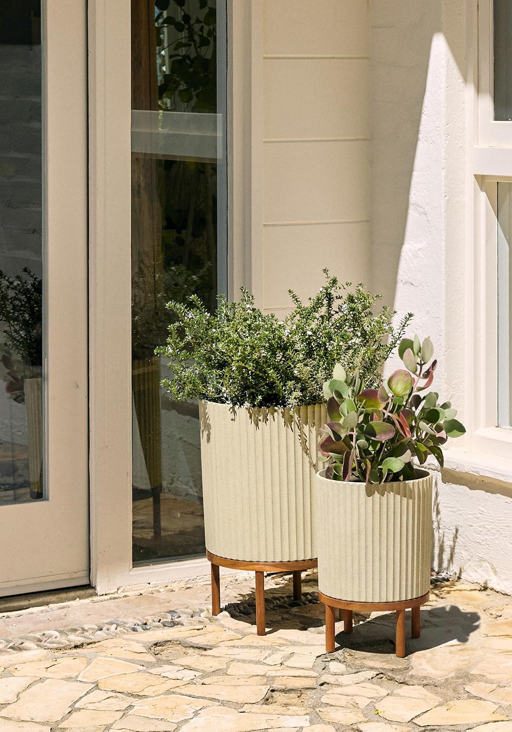 Veradek Demi Series Round Planter w/ Stand for Porch/Patio | Durable Plastic-Concrete & Wooden Stand | Modern Décor for Tall Plants, Flowers