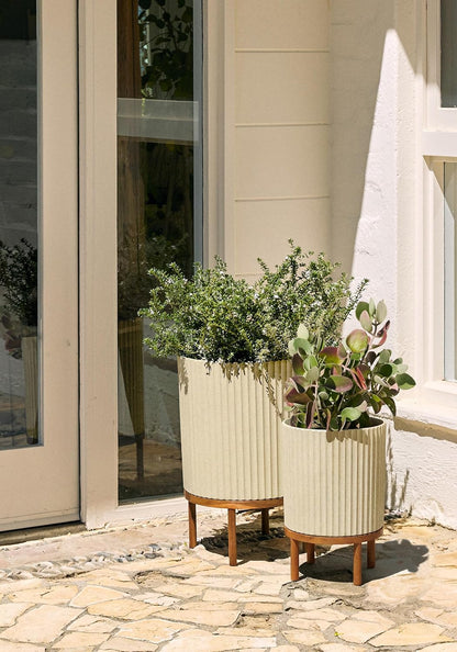 Veradek Demi Series Round Planter w/ Stand for Porch/Patio | Durable Plastic-Concrete & Wooden Stand | Modern Décor for Tall Plants, Flowers