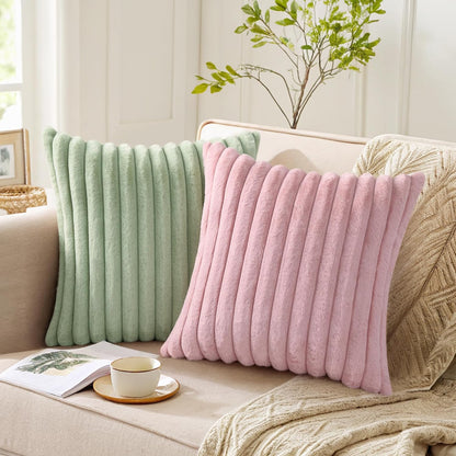 Pallene Faux Fur Plush Throw Pillow Covers 18x18 Set of 2, Luxury Soft Fluffy Striped Decorative Pillow Covers for Sofa, Couch, Living Room, Cream White
