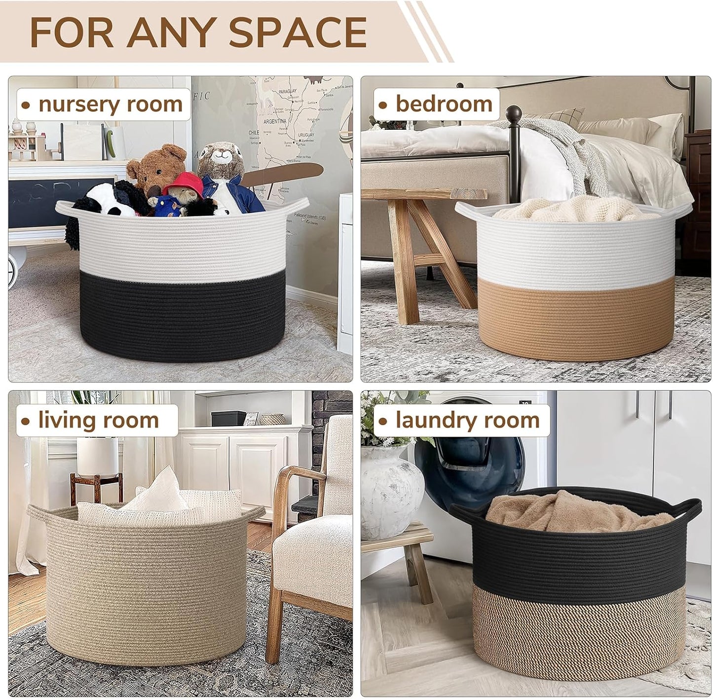 INDRESSME XXXLarge Blanket Basket for Living Room 21.7" x 21.7" x 13.8"-Storage Basket with Handle for Organizing Toy Pillows Woven Cotton Rope Laundry Basket Stuffed Animal Toy Storage for Play Room