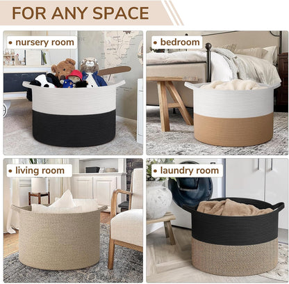 INDRESSME XXXLarge Blanket Basket for Living Room 21.7" x 21.7" x 13.8"-Storage Basket with Handle for Organizing Toy Pillows Woven Cotton Rope Laundry Basket Stuffed Animal Toy Storage for Play Room