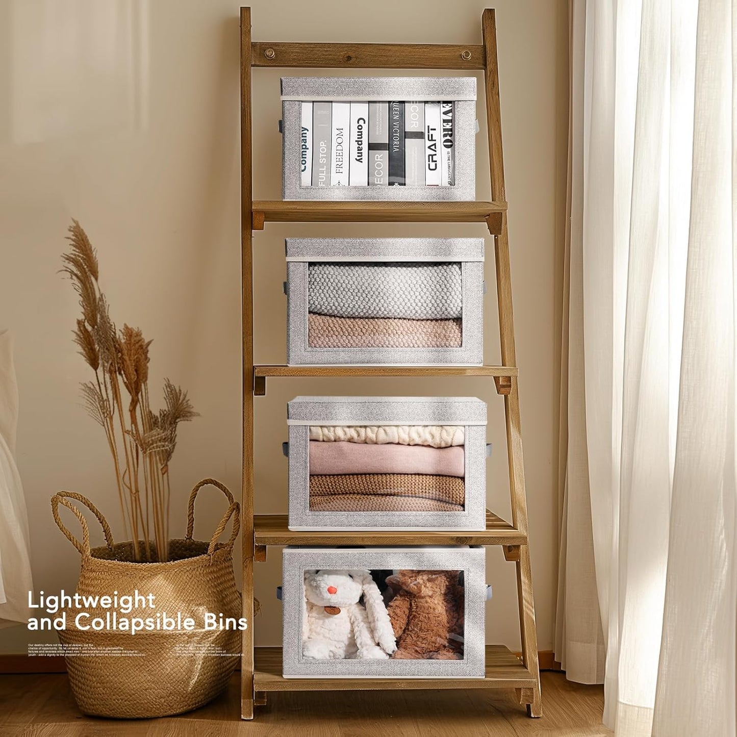Homsorout Storage Bins with Lids - Fabric Closet Storage Bins with Window, Collapsible Baskets for Shelves 4 Pack, Home Decorative Boxes for Clothes, Closet, Office, Grey