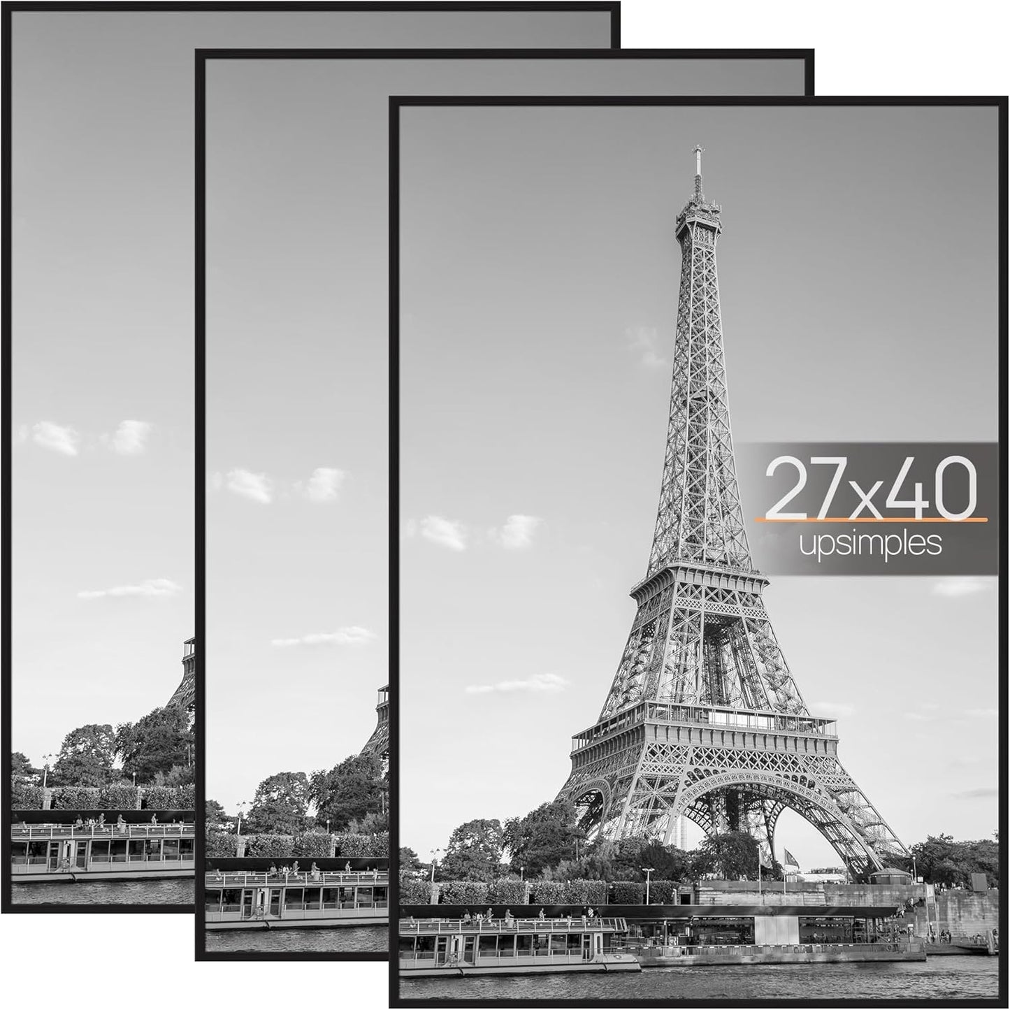 upsimples 18x24 Picture Frame Black 3 Pack, Scratch-Proof Poster Frames 18 x 24 for Photo Gallery - Slide-In Strips, Horizontal or Vertical Wall Mounting