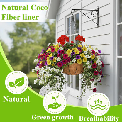 EIMQUVW 4 Pack Hanging Planter Basket with Coco Coin Liner 8 inch Hanging Flower Pots Outdoor Decorative Round Wire Plant Holder with Chain Metal Hanging Baskets for Plants Outdoor